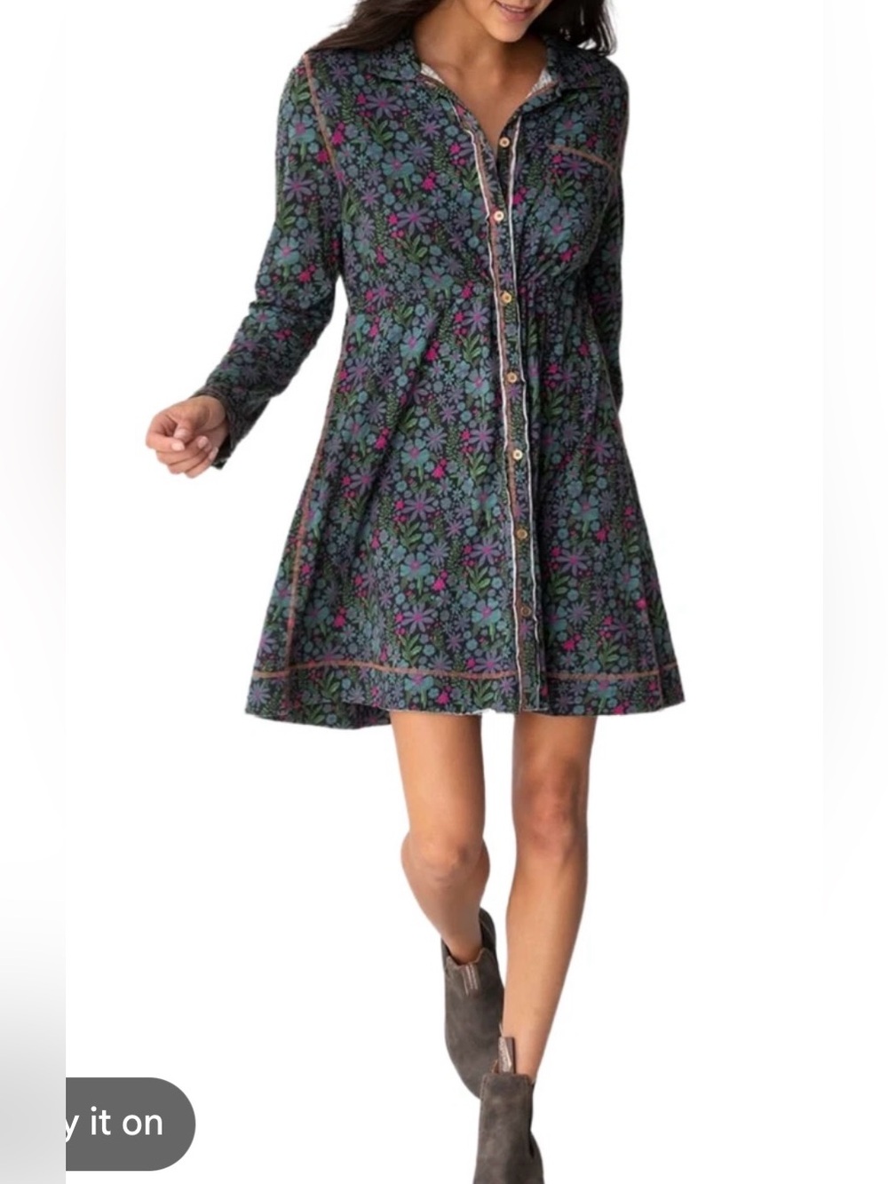 Natural Life Christa Knit Cotton Mini Shirt Dress Dark Floral Boho Size S